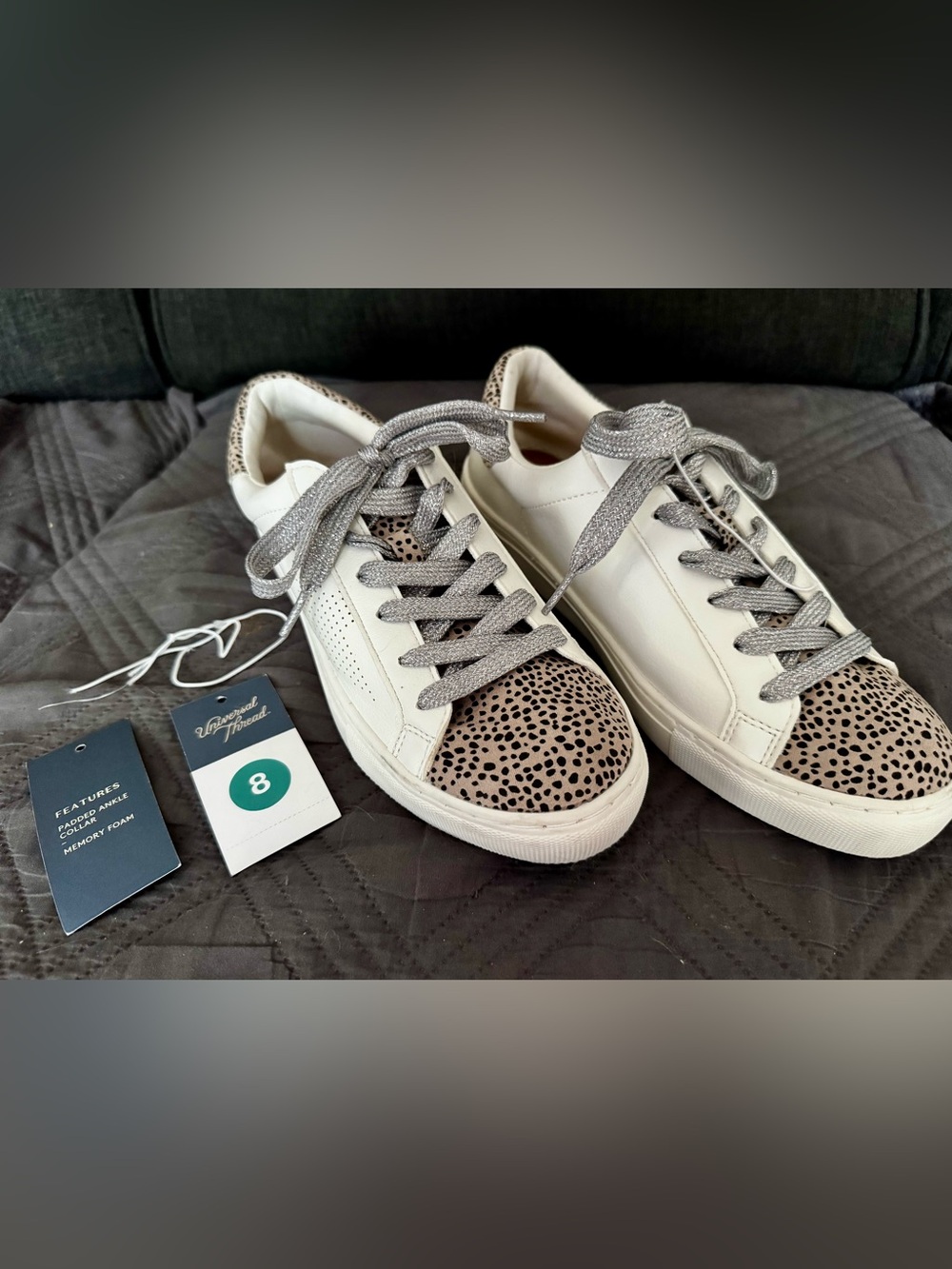 Women’s Universal Threads White Sneakers with Leopard Toe Accent and Gray Laces